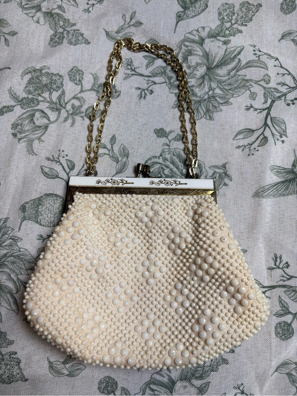 Vintage Cream Beaded Evening Bag with Gold Chain AS IS